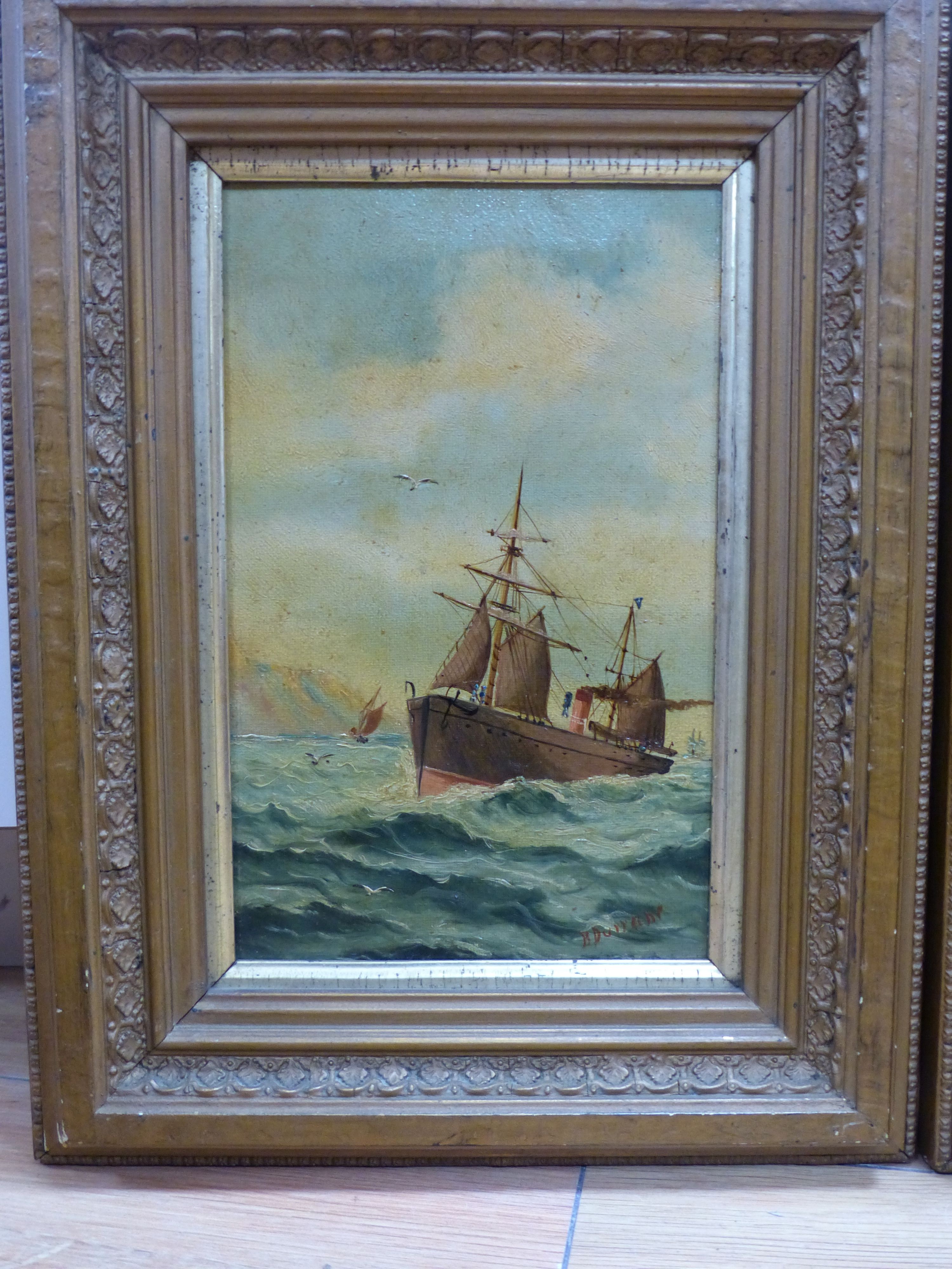 B. Durrant, pair of oils on canvas, Sailing and steamships at sea, signed, 21 x 13cm